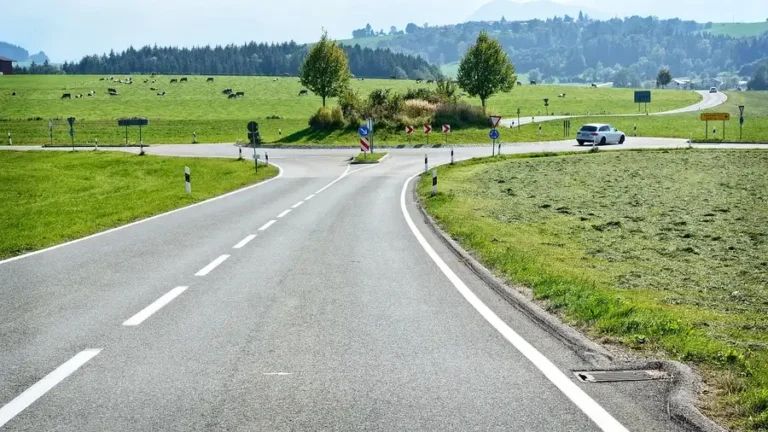 A paved country road with white lane markings curving through green fields