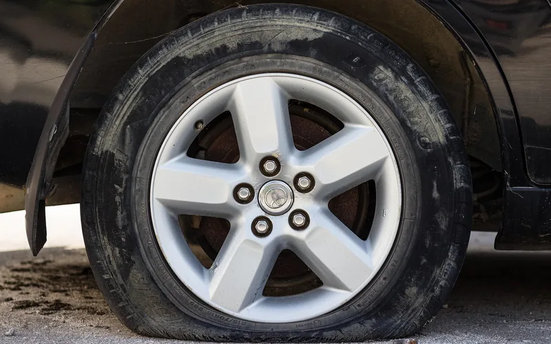Deflated car tire with the wheel rim resting close to the ground after losing all air pressure Deflated car tire with the wheel rim resting close to the ground after losing all air pressure