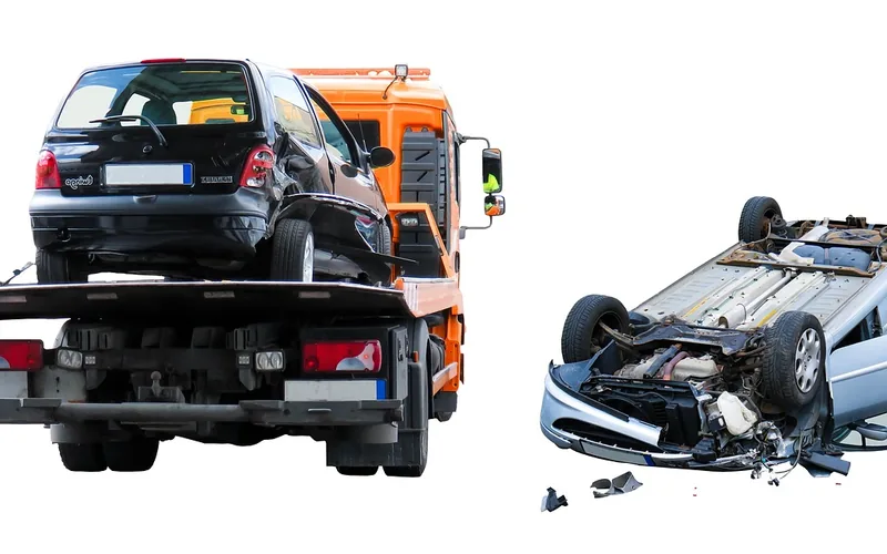 Damaged car after a crash being prepared for towing to a repair shop Damaged car after a crash being prepared for towing to a repair shop