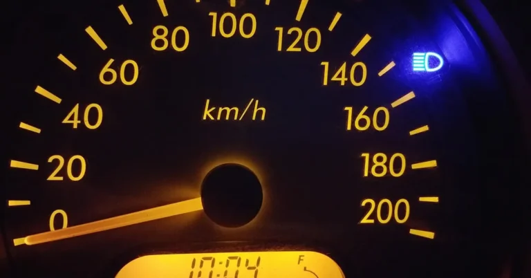 Glowing car instrument cluster with speedometer at night