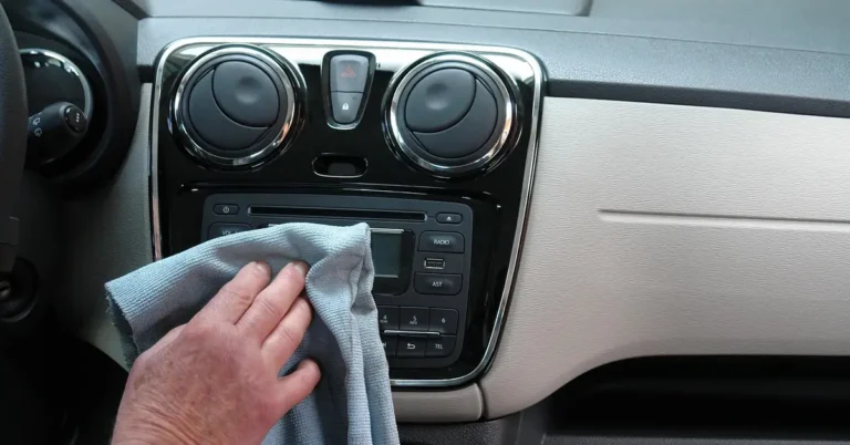 Hand wiping a car dashboard center console with a blue microfiber cloth