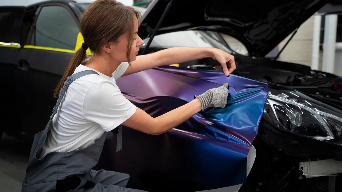 Close-up of a mechanic sanding and touching up a bubbled paint spot on a car panel
