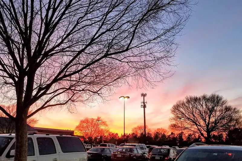Cars parked in a lot at dusk under a pink and orange sky