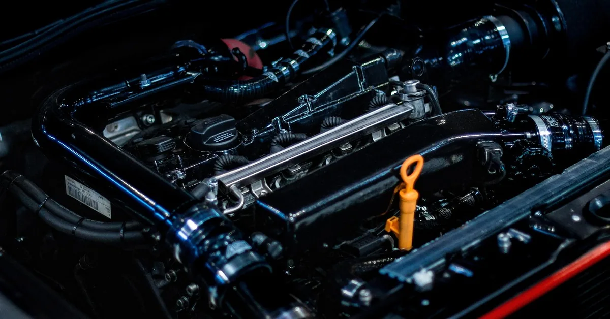 Close-up of a car engine showing the intake manifold, fuel rail, air hoses with clamps and an orange oil dipstick