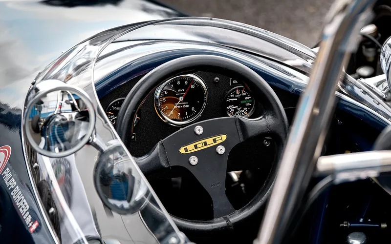 Formula 1 cockpit view of the steering wheel with paddle shifters mounted behind it