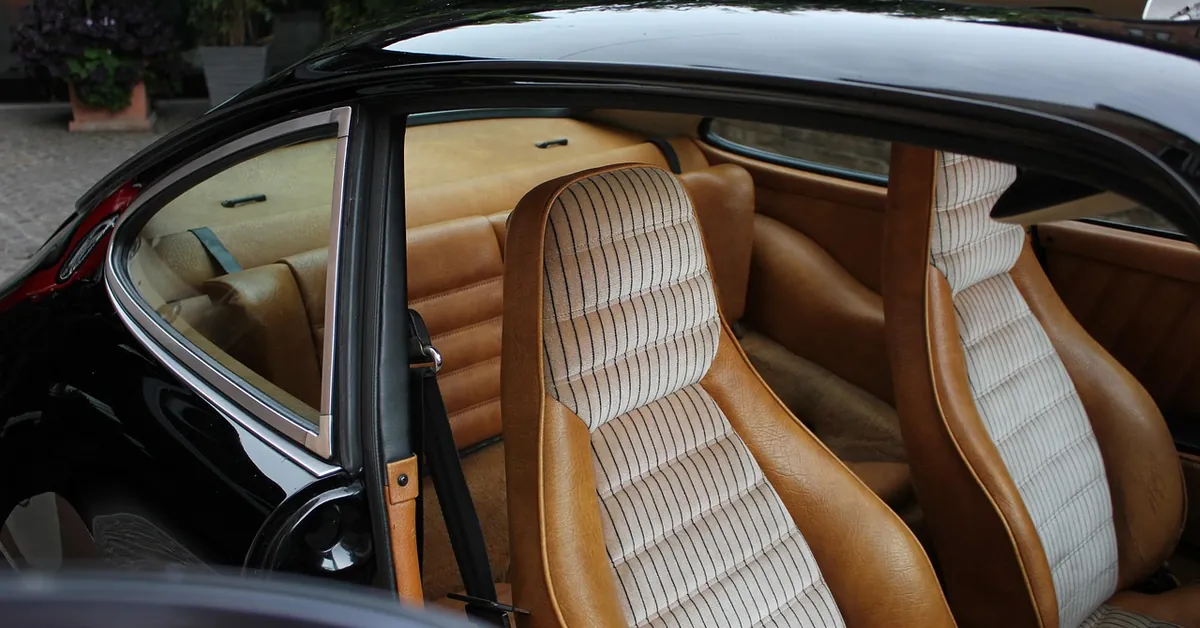 Striped fabric and tan leather front seats seen through the open door of a parked car
