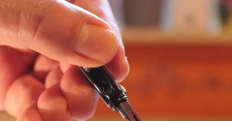 Hand holding a fountain pen with the nib pointing down