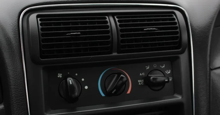 Close-up of a car dashboard air conditioning controls and vent buttons