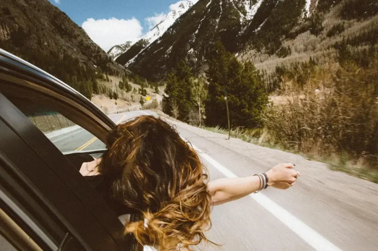 A passenger holding an arm out of a car window on a mountain highway