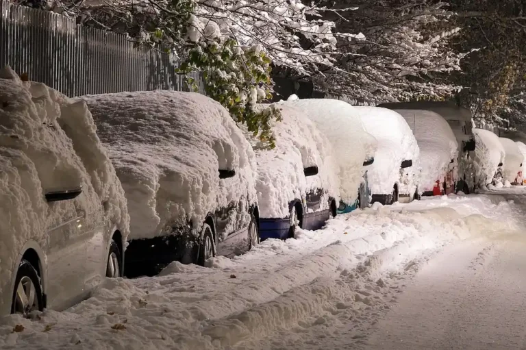 Row of parked cars buried under deep snow on a street at night