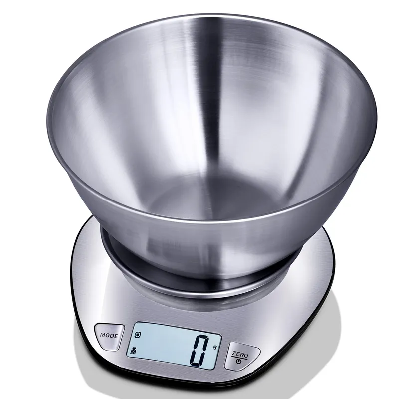 Digital kitchen scale with a stainless steel bowl, a mode button and a zero button