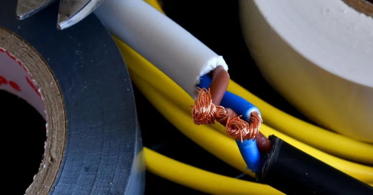 Stripped copper wire ends beside rolls of electrical tape