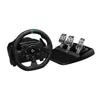 Logitech G923 racing wheel with leather-wrapped rim and three metal pedals