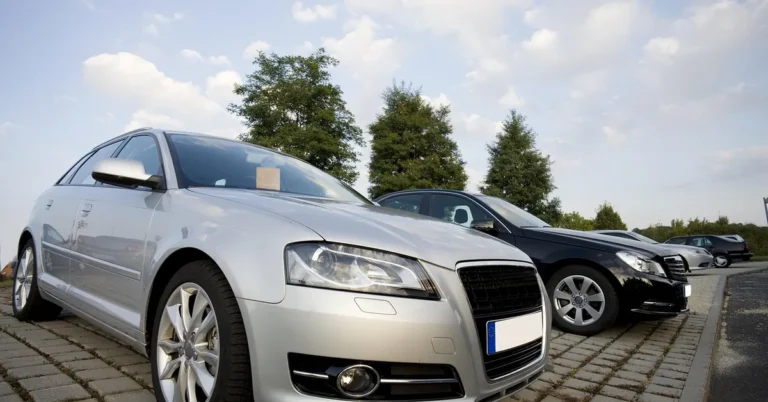 New and used vehicles parked in rows on a car dealership lot