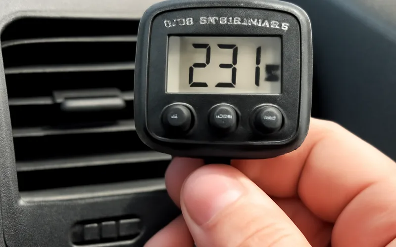 Digital thermometer probe measuring the actual air temperature coming from a car's AC vent