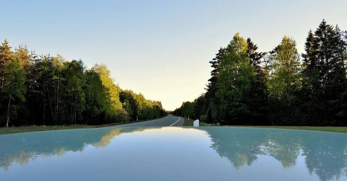 Smooth glossy car roof reflecting a road and trees
