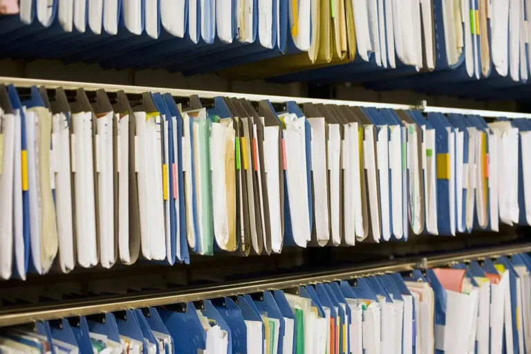 Shelves of filed paper records in blue folders