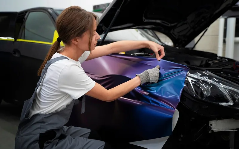 Auto glass technician replacing a car window with fresh sealant