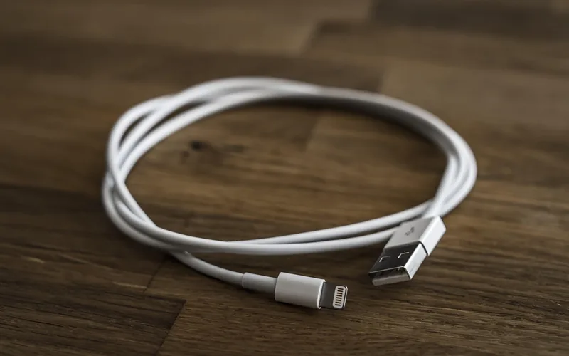 White Lightning to USB-A cable coiled on a wooden table