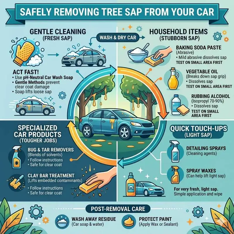 Hand wiping tree sap off a car's painted hood with a microfiber cloth
