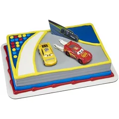 Cars 3 Ahead of the Curve cake topper set featuring Lightning McQueen, Cruz Ramirez, and Jackson Storm