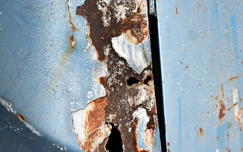 Blue car panel with paint worn through to rusted metal