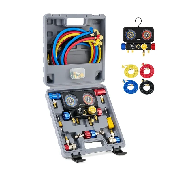 OMT AC manifold gauge set with color-coded hoses for R134a and R1234yf