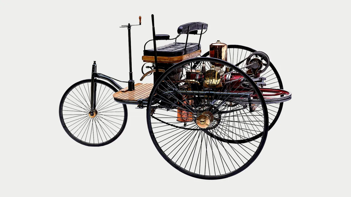 Benz Patent-Motorwagen three-wheeled car patented in 1886