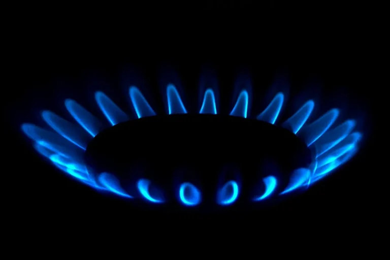 Blue flame of a gas stove burner on a dark background