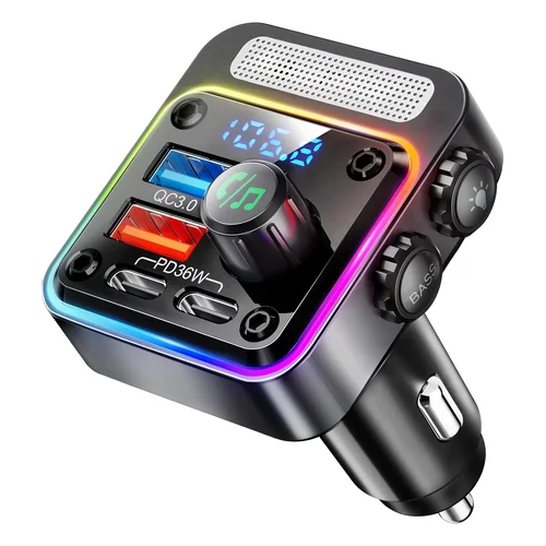Nulaxy 54W Bluetooth 5.3 Car Adapter, FM Transmitter 4-Port Fast Charging | Wireless Radio Player Car Charger, CVC Noise