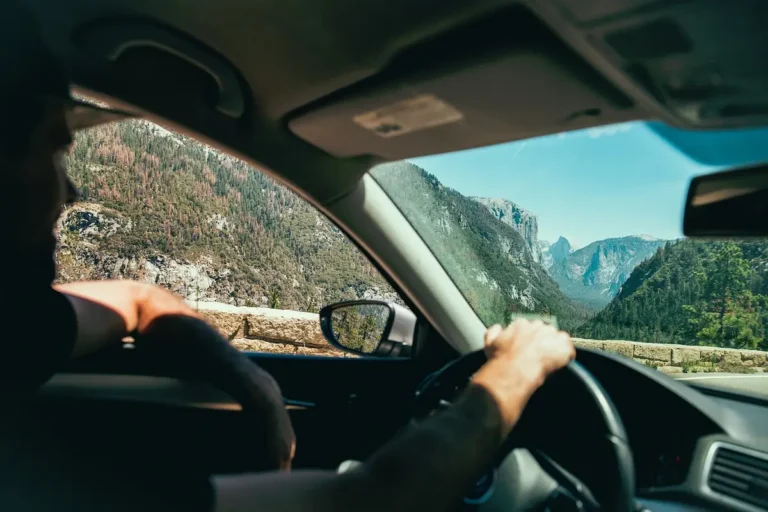 Driver with a hand on the steering wheel and mountains visible through the car windows