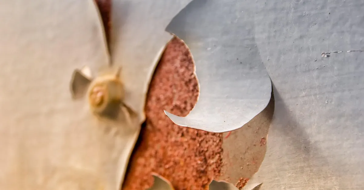 Close-up of flaking gray paint peeled back to show rust underneath