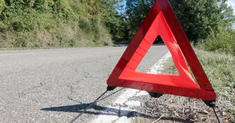 Red roadside warning triangle on the edge of a road