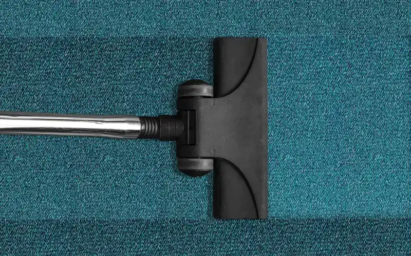 Vacuum cleaner floor head running over teal carpet