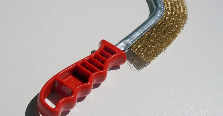 Wire brush with brass bristles and a red handle