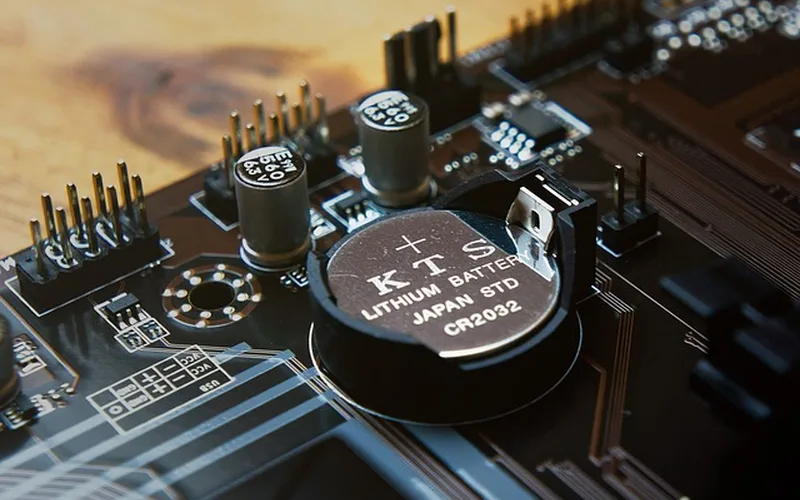 CR2032 coin battery on circuit board — most common key fob battery type