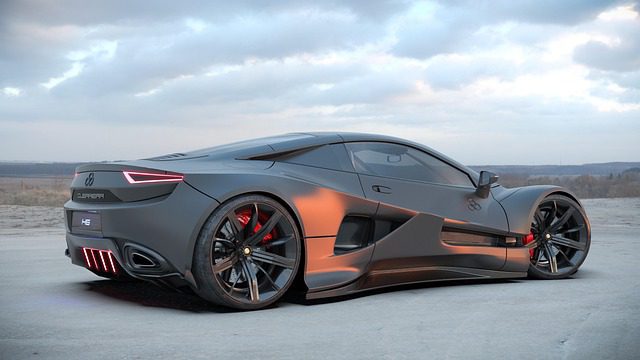 Dark futuristic supercar design with angular bodywork