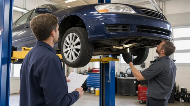 Mechanic performing a pre-purchase inspection on a used car