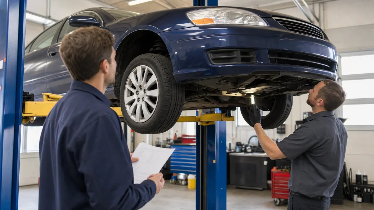 Mechanic performing a pre-purchase inspection on a used car