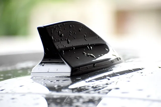 Low-profile shark fin antenna mounted on a car roof