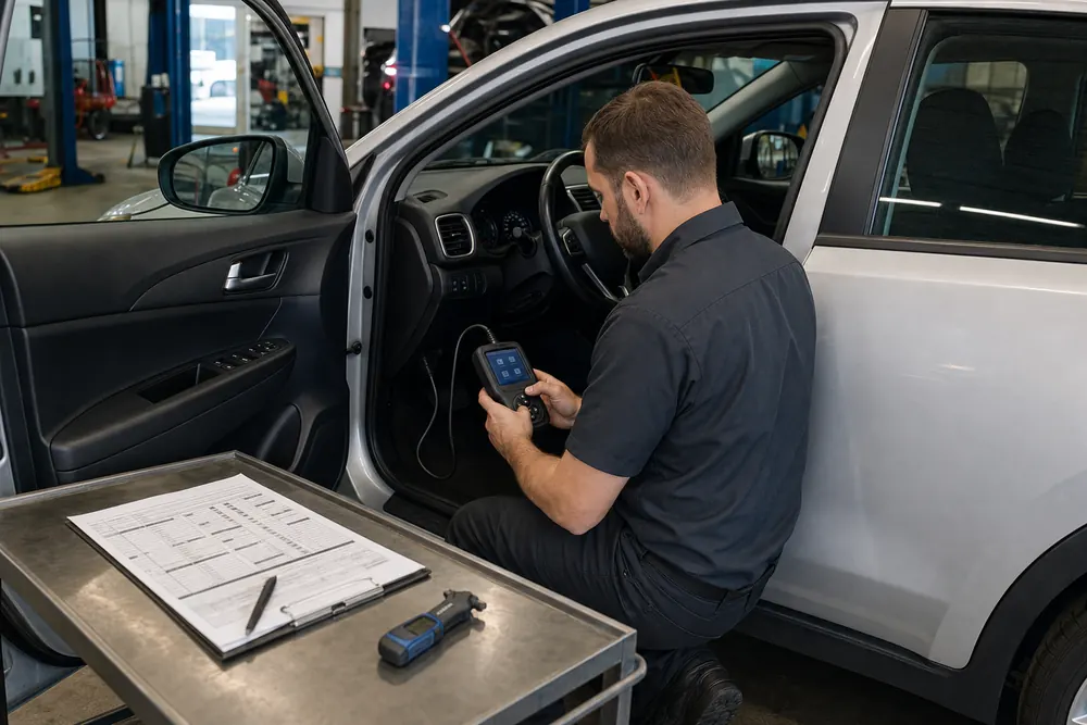 Technician checking a used car with an OBD-II scanner