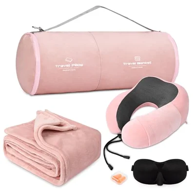 urnexttour Travel Pillow and Blanket Set Neck Pillow Airplane Foam Pink