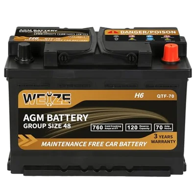 Weize Platinum AGM Battery BCI Group 48-12v 70ah H6 Size 48 Automotive Battery, 120RC, 760CCA, 36 Months Warranty, Dimen