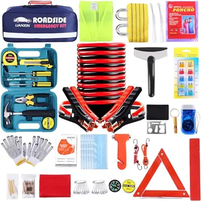 142 PCS Emergency Roadside Kit for Car ,Safety Car Kit with Jumper Cables