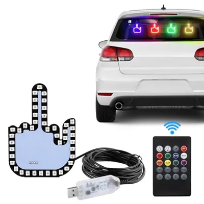 1797 Middle Finger Car Light with Remote Finger Flicker Hand Gesture Road Rage LED Sign Flip Off Finger Funny Gifts Cool Gadgets for Car Window USB 7-Color Adjust Brightness
