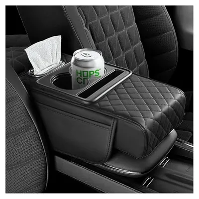5-in-1 Car Center Console Cover,Multifunctional Arm Rest Cover for Car with Cup Holder,Phone Holder,Pocket,Car Tissue Holder,Leather Height Enhancement Car Armrest Cushion for Most Cars (Black)