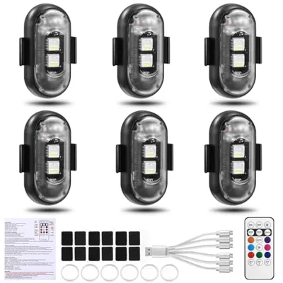 6PCS Wireless LED Lights for Car with Remote Control, Wireless LED Strobe Lights 8 Colors USB Charing IP65 Waterproof Anti-Collision Warning Light for Car Interior Truck Motorcycle Drone Aircraft Bike