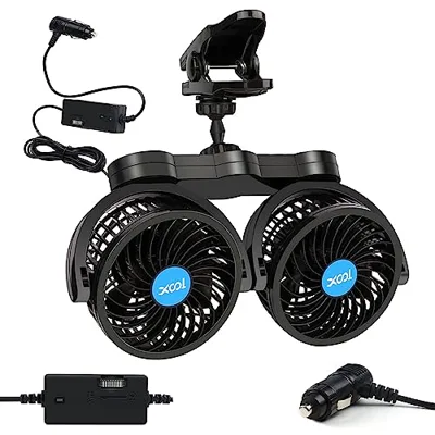 XOOL Clip Car Fan, Adjustable Dual Head 4 Inches 12V Fan for Front/Rear Seat Passenger, 360° Rotatable Electric Car Cooling Fans with Stepless Speed Regulation for SUV, RV, Vehicles