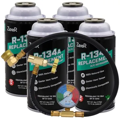 AC Recharge Kit R134a Replacement – Eco-Friendly Refrigerant Gas with 24-Inch Charging Hose Tool for SSV Cans, 4-Cans