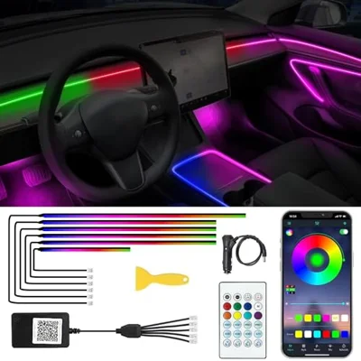 Acrylic Interior Car LED Lights with Remote and Wireless APP 6 in 1,Ambient Lighting Kits Fiber Optic Strip LEDs,16 Million Colors Music&DIY Function